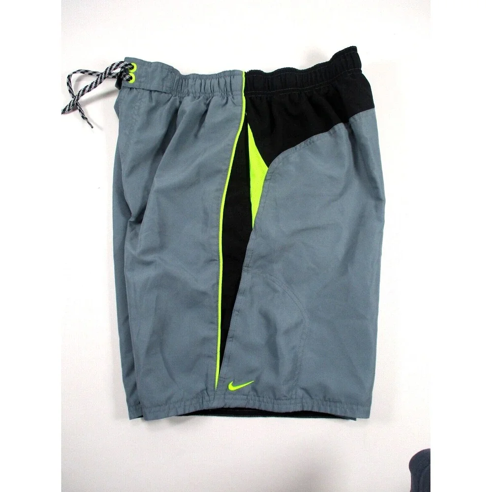 Nike Swim Shorts Mens Large Gray / Green Lined Stash Pocket Drawstring Board
